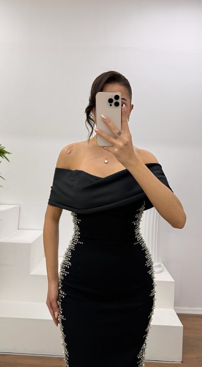 Black Boat Neck Evening Dress with Stone Embellishments