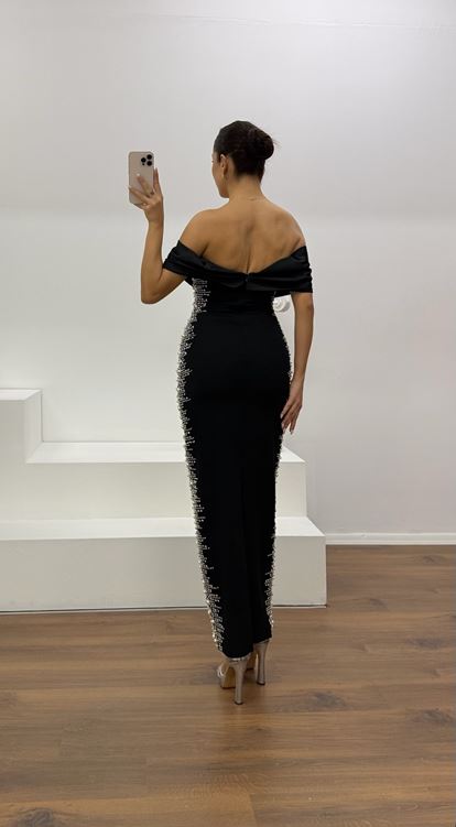 Black Boat Neck Evening Dress with Stone Embellishments