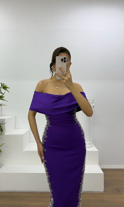 Dark Purple Boat Neck Evening Dress with Stone Embellishments