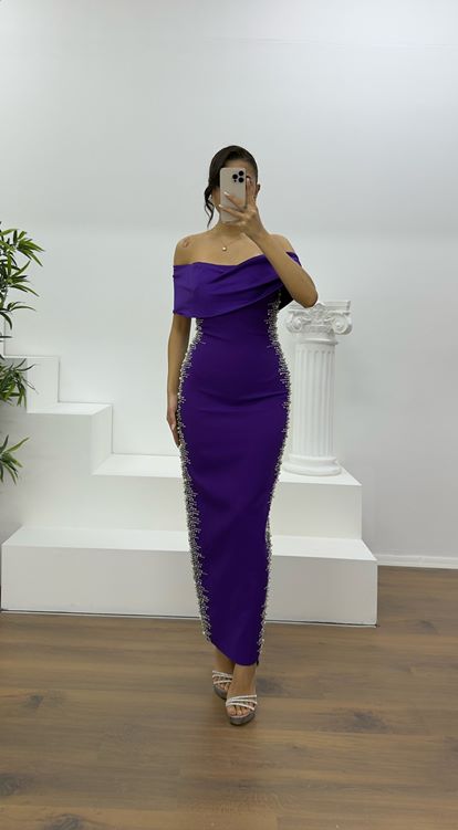 Dark Purple Boat Neck Evening Dress with Stone Embellishments
