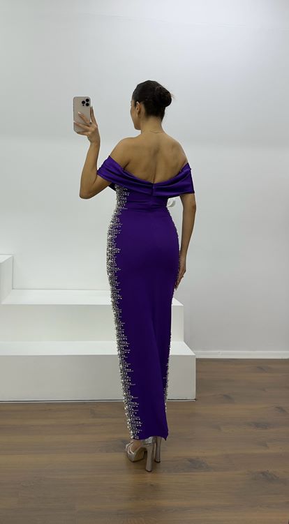 Dark Purple Boat Neck Evening Dress with Stone Embellishments