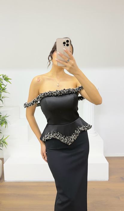Black Beaded Strapless Pencil Gown