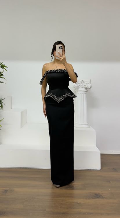 Black Beaded Strapless Pencil Gown
