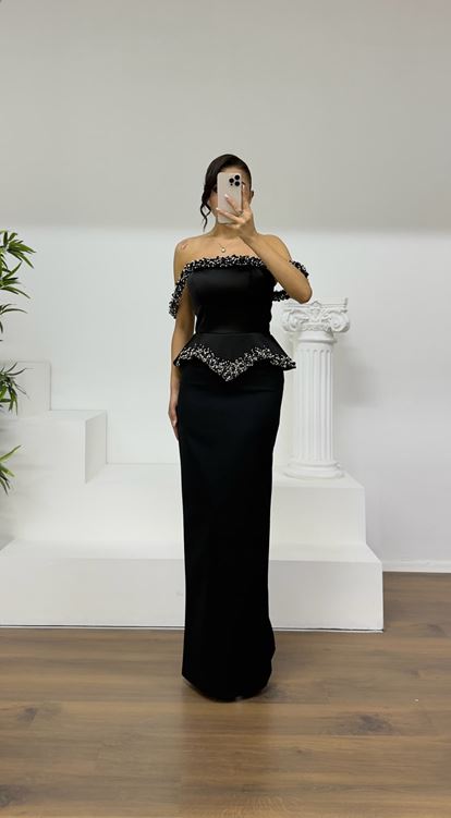 Black Beaded Strapless Pencil Gown