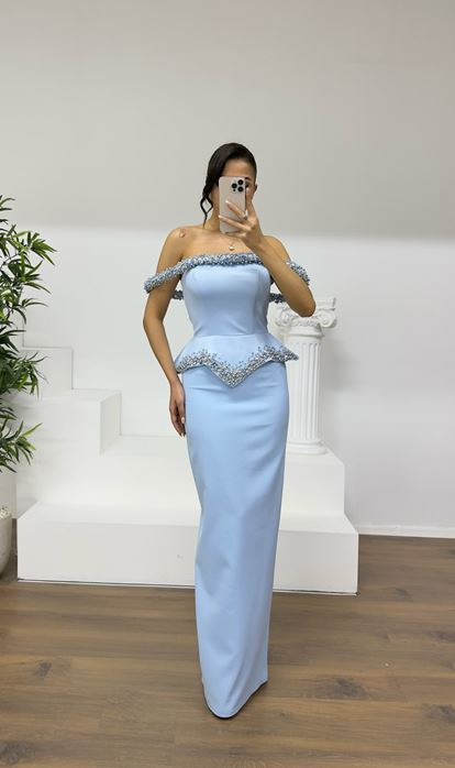 Baby Blue Beaded Strapless Pencil Dress