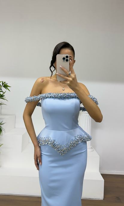 Baby Blue Beaded Strapless Pencil Dress