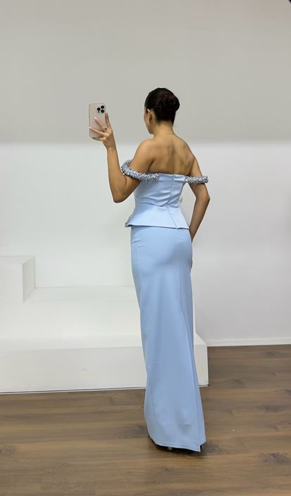 Baby Blue Beaded Strapless Pencil Dress
