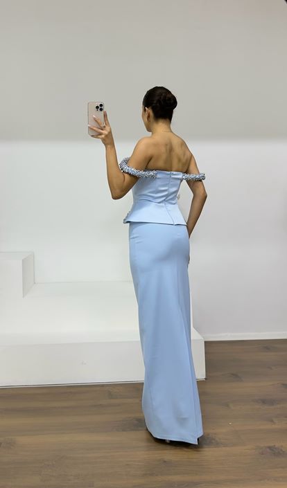 Baby Blue Beaded Strapless Pencil Dress