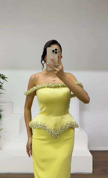 Yellow Beaded Strapless Pencil Gown