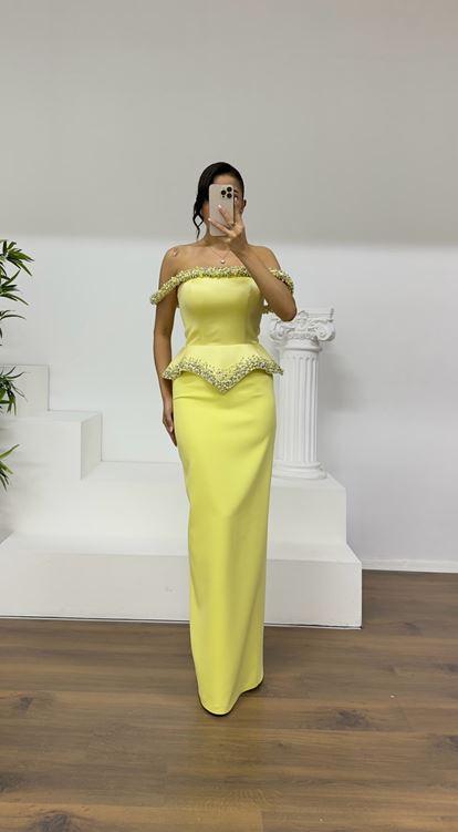 Yellow Beaded Strapless Pencil Gown