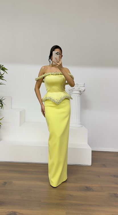 Yellow Beaded Strapless Pencil Gown