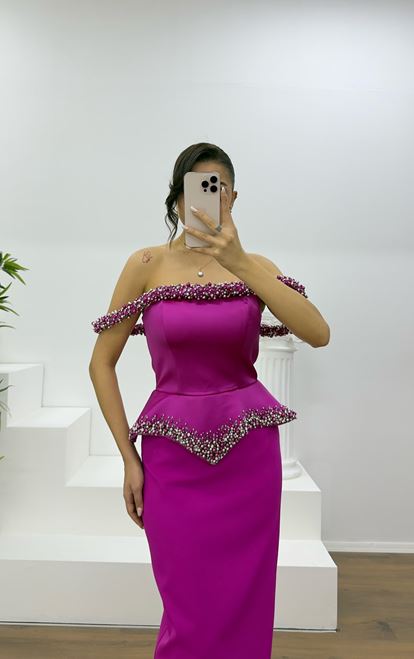Fuchsia Beaded Strapless Pencil Gown