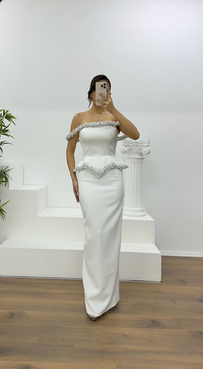 Bone Bead Embellished Strapless Pencil Evening Dress