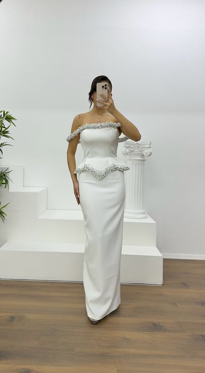 Bone Bead Embellished Strapless Pencil Evening Dress