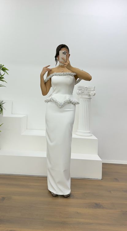 Bone Bead Embellished Strapless Pencil Evening Dress