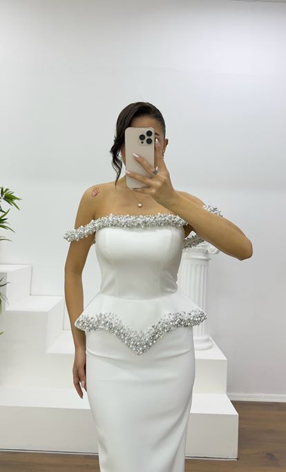 Bone Bead Embellished Strapless Pencil Evening Dress