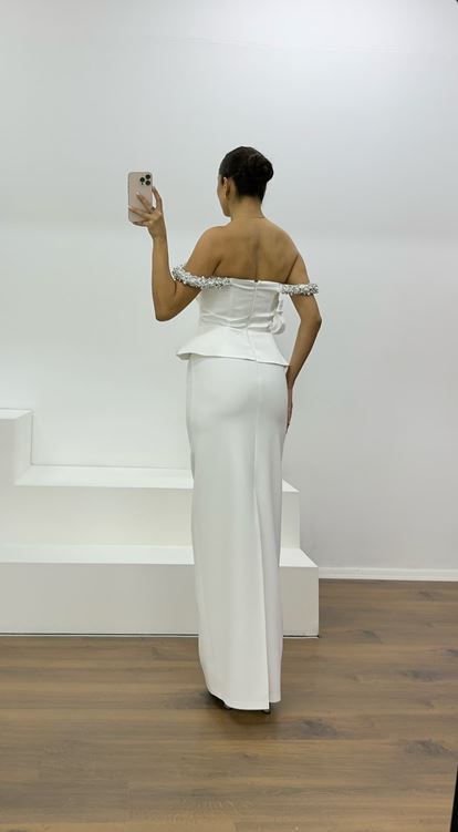 Bone Bead Embellished Strapless Pencil Evening Dress