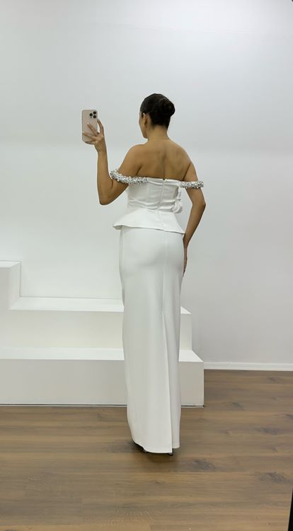 Bone Bead Embellished Strapless Pencil Evening Dress