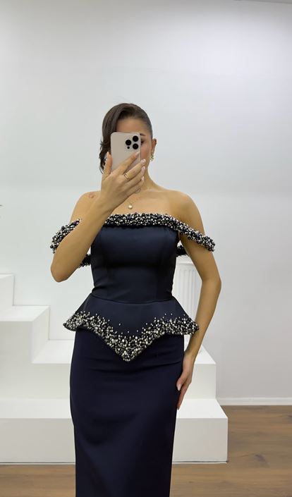 Navy Blue Beaded Strapless Pencil Gown