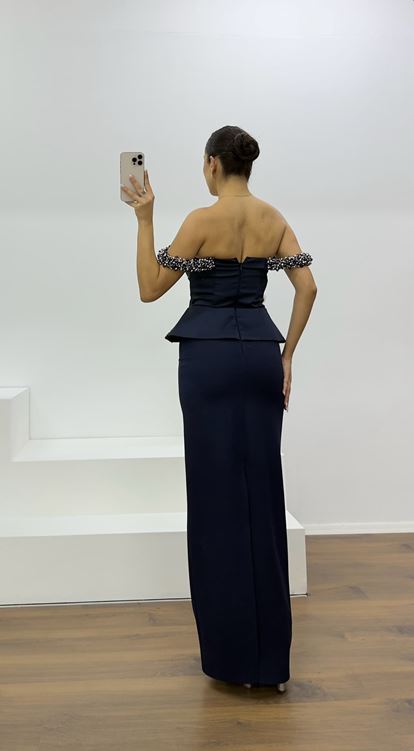 Navy Blue Beaded Strapless Pencil Gown