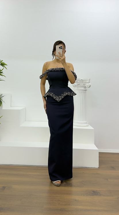 Navy Blue Beaded Strapless Pencil Gown