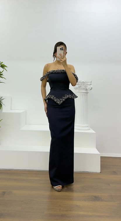 Navy Blue Beaded Strapless Pencil Gown