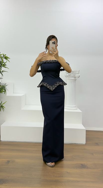 Navy Blue Beaded Strapless Pencil Gown