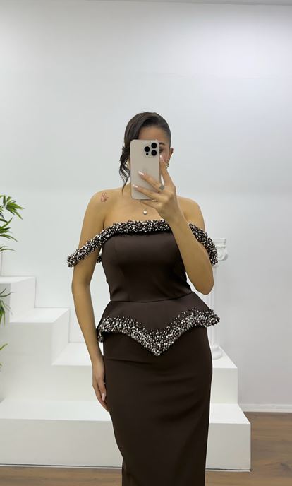 Coffee Bead Embellished Strapless Pencil Evening Dress