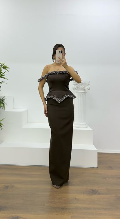 Coffee Bead Embellished Strapless Pencil Evening Dress