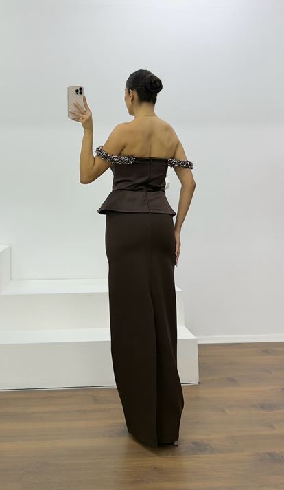 Coffee Bead Embellished Strapless Pencil Evening Dress