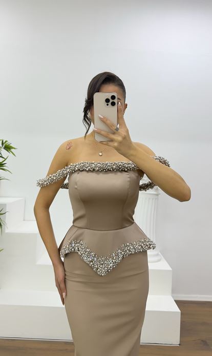 Mink Beaded Strapless Pencil Gown