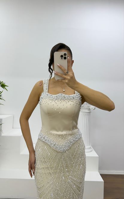 Beige Beaded Evening Dress