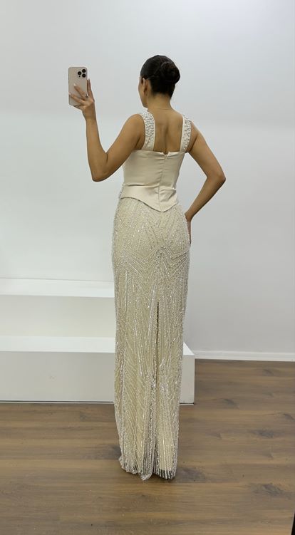 Beige Beaded Evening Dress