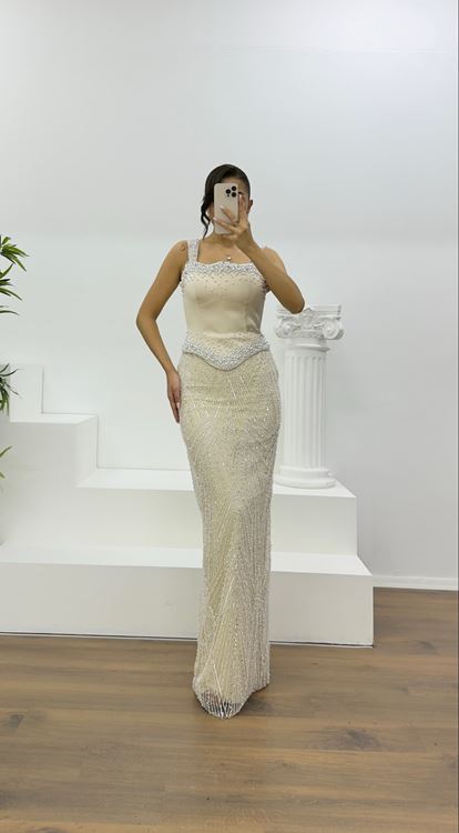 Beige Beaded Evening Dress