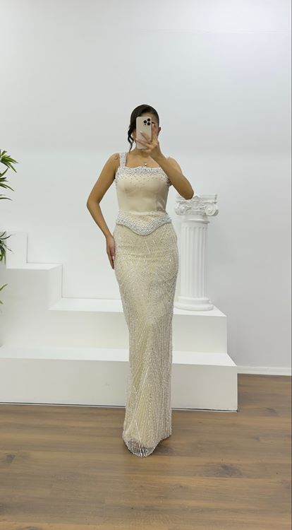 Beige Beaded Evening Dress