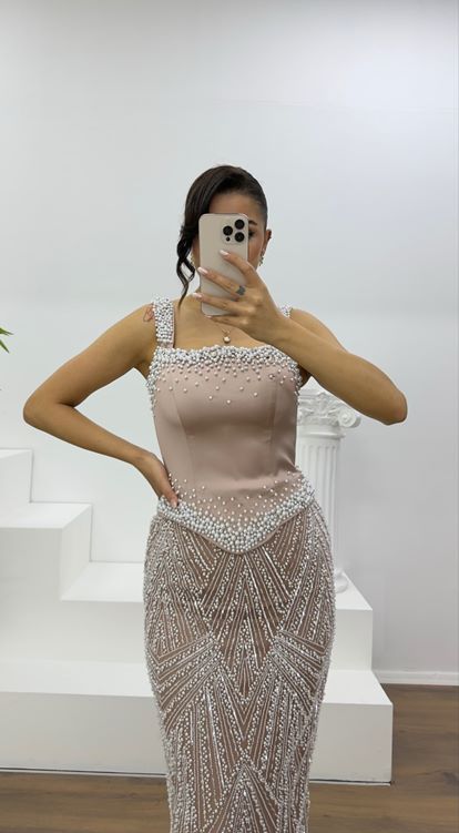 Cappuccıno Boncuk İşlemeli Abiye Elbise