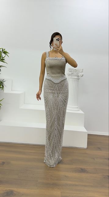 Stone and Bead Embellished Evening Dress