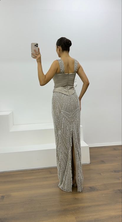 Taş Boncuk İşlemeli Abiye Elbise