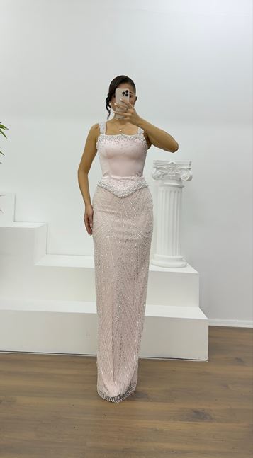 Powder Pink Beaded Evening Dress