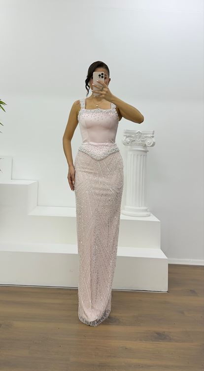 Powder Pink Beaded Evening Dress