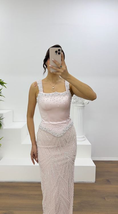 Powder Pink Beaded Evening Dress
