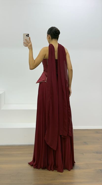 Bordo Straplez Piliseli Abiye Elbise