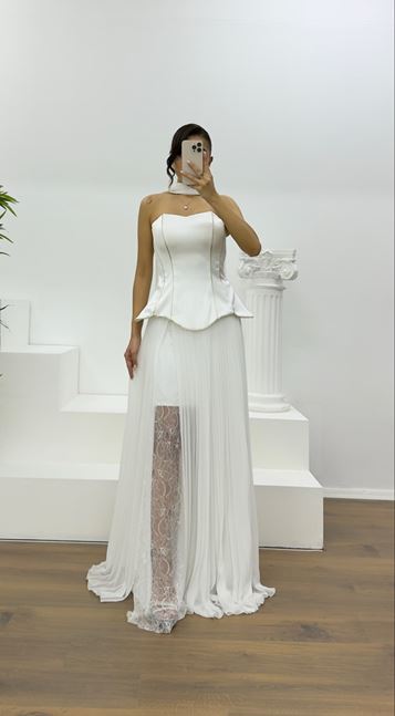 Bone Strapless Pleated Evening Dress