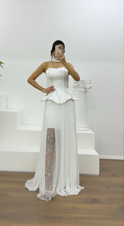 Kemik Straplez Piliseli Abiye Elbise