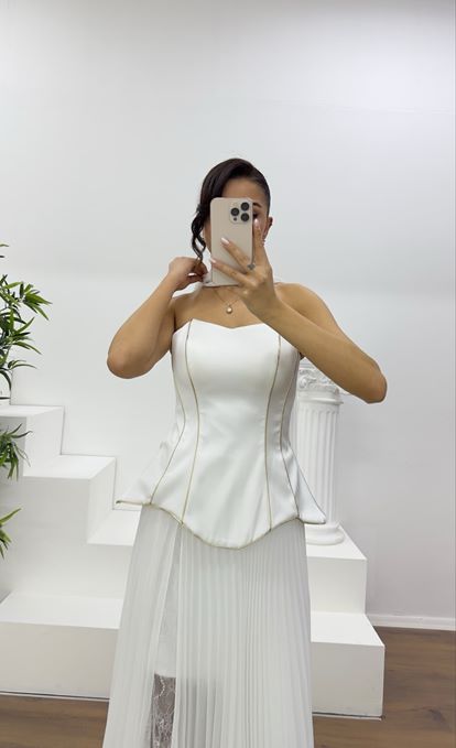 Kemik Straplez Piliseli Abiye Elbise