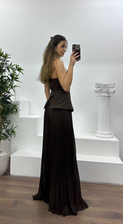 Kahverengi Straplez  Asimetrik Desen Taşlı Abiye Tulum