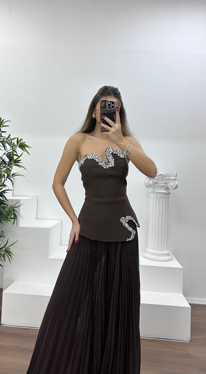 Kahverengi Straplez  Asimetrik Desen Taşlı Abiye Tulum