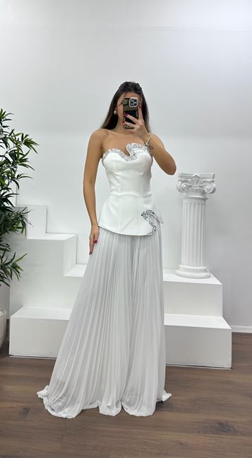 Kemik Straplez  Asimetrik Desen Taşlı Abiye Elbise