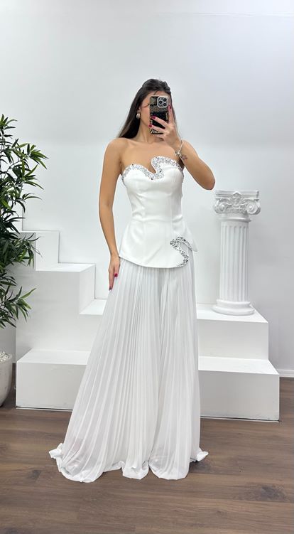 Kemik Straplez  Asimetrik Desen Taşlı Abiye Tulum