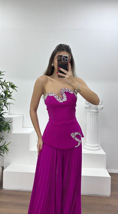 Fuşya Straplez  Asimetrik Desen Taşlı Abiye Tulum